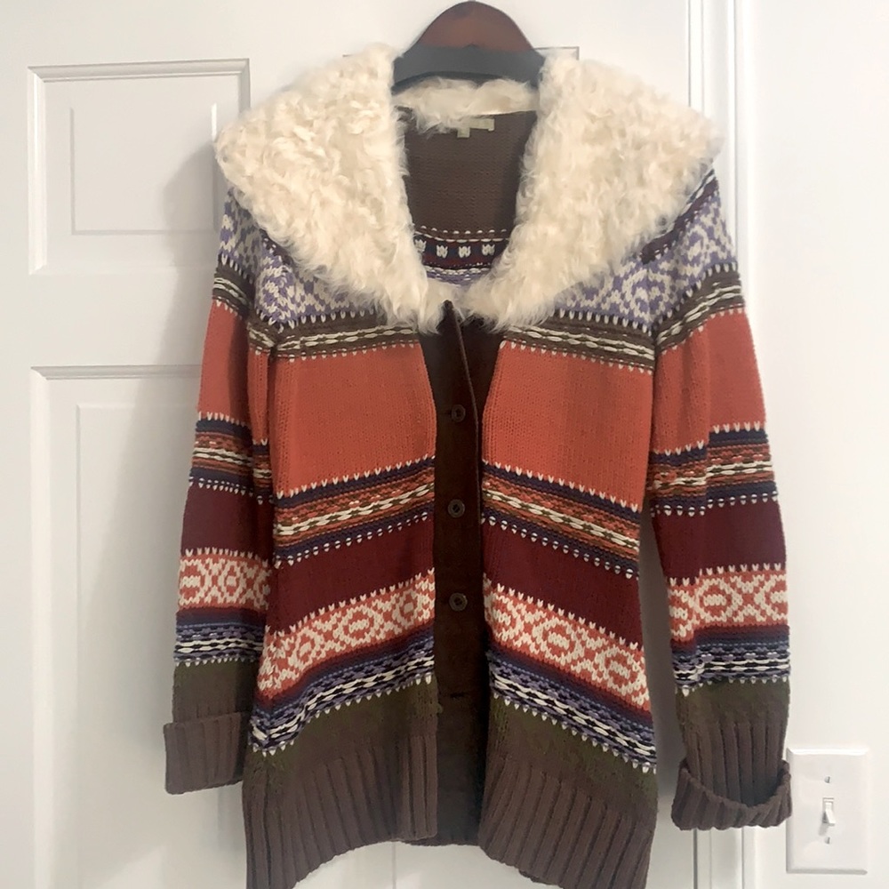 Relais  sweater cardigan size M.  Multi color orange, brown, purple, cream